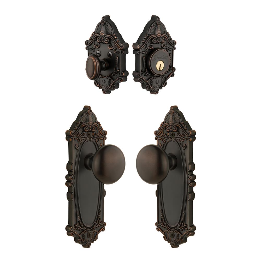 Grandeur by Nostalgic Warehouse Single Cylinder Combo Pack Keyed Differently - Grande Victorian Plate with Fifth Avenue Knob and Matching Deadbolt in Timeless Bronze